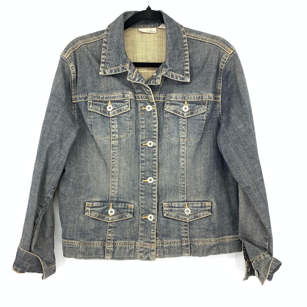 Chicos Platinum Jean Jacket Womens Sz 1 US M Washed Blue Denim *READ